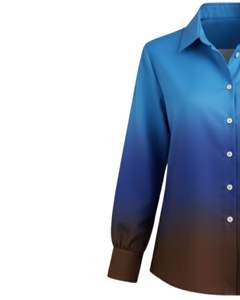 Chemise boutonnée à manches longues pour femme, dégradé bleu ciel vers bleu marine et marron, style décontracté pour le bureau, fabrication sur mesure OEM - Product Image 3