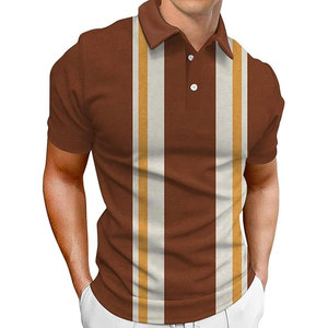 Polo en tricot rayé pour homme, manches courtes, décontracté, motif marron, blanc, jaune, boutons sur le devant - Product Image 1