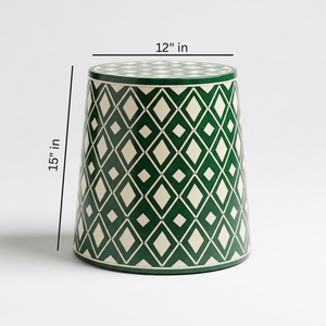 Mesa Auxiliar Redonda con Incrustaciones de Hueso Verde, Hecha a Mano, con Patrón Geométrico de Diamantes, Taburete Decorativo Tipo Tambor - Product Image 2