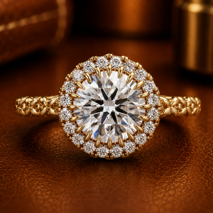 Vintage Halo Shank Carved Floral Rings IGI Certified Round Lab Grown Diamond 14K <b>Solid</b> Gold Bridal Fine Jewelry Engagement Rings - Product Image 1
