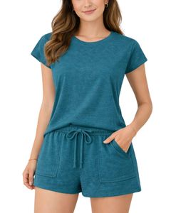 Teal Women Lounge Set Short Sleeve T Shirt And Shorts Casual Summer Pajama Set Soft Breathable Cotton Blend Two Piece Outfit - Product Image 1