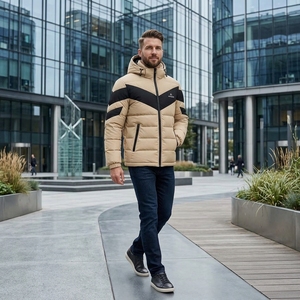 Veste matelassée à capuche beige et noire pour homme, veste d'hiver chaude et matelassée, veste d'extérieur légère et imperméable One Apex - Product Image 4