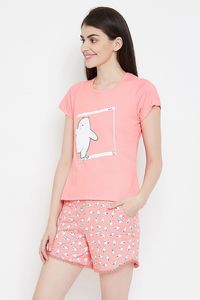 Women's Pink Printed Character Shorts Set <b>Elastic</b> Waist Casual Knitted Cotton Breathable Regular Fit - Product Image 1