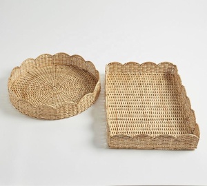 Bandeja de Servir Cuadrada de Ratán Hecha a Mano con Patrón de Plantas, Decorativa, Tejida, con Asas Otomanas, para Mesa de Centro, Marrón Natural, Ramadán - Product Image 2