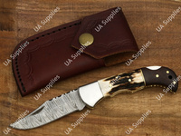 Couteau pliant de luxe OEM multifonctionnel pour l'extérieur, en acier Damas, à lame coulissante, pointe biseautée, manche en corne de cerf et bois de rose