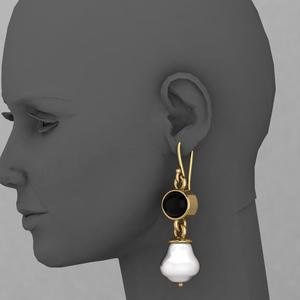 Boucles d'oreilles pendantes faites à la main en argent 925, onyx noir et perle d'eau douce, style Art Déco, serties de pierres, plaqué or 18 carats, bijoux fins pour femmes - Product Image 2