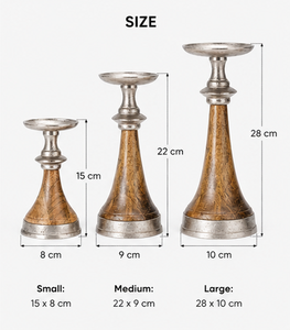 Ensemble de trois chandeliers décoratifs en bois et métal faits à la main, sur piédestal, pour le salon, la salle à manger, l'intérieur de la maison - Product Image 2