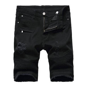 Shorts Bermuda en jean noir déchiré pour homme, style moto, fermeture éclair, taille mi-haute, couleur unie, tissu tricoté respirant, devant en tissu écologique - Product Image 1