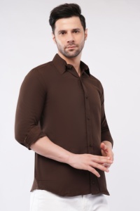 <b>Mens</b> Brown Full Sleeve Polyester <b>Shirt</b> Casual Regular Fit Solid Wrinkle Resistant Breathable Quick Dry <b>Summer</b> Travel <b>Shirt</b> - Product Image 2