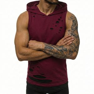 Custom Men's <b>Distressed</b> Hooded Tank <b>Top</b> Layered Ripped Workout Muscle Vest OEM Streetwear Bodybuilding Sleeveless Tee Tank <b>Tops</b> - Product Image 4