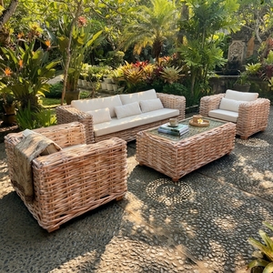 Handcrafted outdoor wicker rattan patio sofa set cushioned sofa armchairs coffee table furniture lounge setup product item - Product Image 3