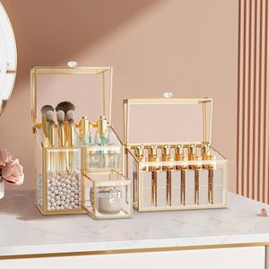 Elegant <b>Gold</b> Metal And Glass Makeup Organizer Case With Compartments For Cosmetics And Skincare Collection - Product Image 5