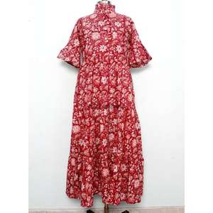 Vestido Largo 100% Algodón, Estilo Veraniego para Mujer, Estampado de Hojas Tropicales, Cintura con Cordón Ajustable, Manga Corta, Elegante Vestido Largo Maxi - Product Image 1