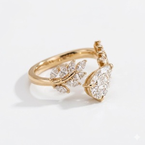 Anillo de compromiso para mujer con diamantes en forma de pera y hoja de laurel, oro real de 14K/18K, diamantes cultivados en laboratorio, diseño de racimo marquesa inspirado en la naturaleza - Product Image 3