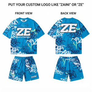 Premium 280 GSM 100% Polyester Fleece Breathable Summer T-Shirt Shorts Set <b>Light</b> Blue Crew <b>Neck</b> Custom Embroidery Patch Logo - Product Image 1