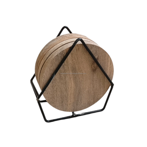 Ensemble de 4 dessous-de-verre en bois de manguier naturel faits à la main avec support - Dessous-de-verre ronds en bois pour tasses à thé et à café pour la décoration de la maison et du bureau - Product Image 2