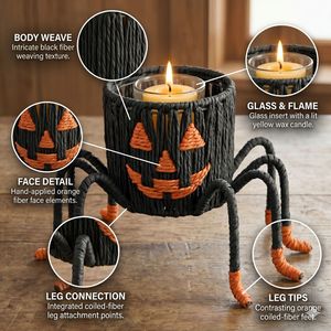 Viettimecraft Straw Halloween Spider Candle Holder, Handmade Black Orange Decorative Craft Party Decoration - Product Image 3