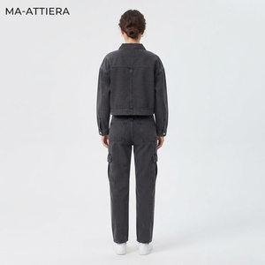 <b>Women</b> Charcoal Gray <b>Cropped</b> Denim <b>Jacket</b> And Cargo <b>Jeans</b> Set Casual Two Piece Streetwear Fashion Outfit - Product Image 2