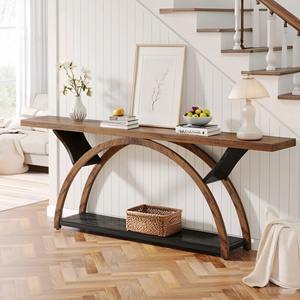Table de canapé convertible moderne style ferme avec miroir, pieds incurvés géométriques et étagère inférieure noire, mobilier d'entrée pour hôtel - Product Image 5