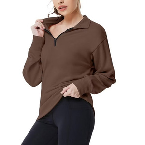 Women's <b>Brown</b> Asymmetric Zipper Long Sleeve Sweatshirt Knitted Spandex Polyester Casual Turn-down Collar Autumn Wear - Product Image 1