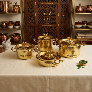 Elegant Hammered Brass Cookware <b>Set</b> Decorative Gold Handled Casserole <b>Pots</b> with Floral Lid Knobs 4 Piece Premium Serving <b>Pot</b> <b>Set</b> - Product Image 2