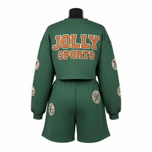 Heavyweight cotton polyester fleece women crop top short <b>set</b> panel shorts chenille embroidery logo 100% Cotton Crop Top & Shorts - Product Image 2