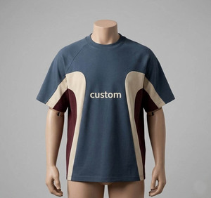 Oversized Men's Color Blocked T-Shirt Custom Logo <b>Raglan</b> Sleeve Knitted Casual <b>Top</b> - Product Image 2