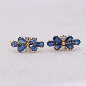 Wholesale 14k Yellow Gold Natural Pear <b>Blue</b> <b>Sapphire</b> Diamond Cluster Stud <b>Earrings</b> Memoria Jewels - Product Image 1