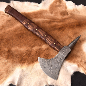Hache à barbe de style Viking en acier Damas forgé sur mesure de qualité industrielle avec manche en bois et fourreau en cuir, hache de menuisier OEM - Product Image 5