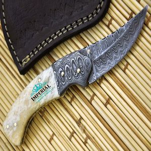 Cuchillo de caza de acero de Damasco con hoja dentada de punta caída y mango de hueso, con perilla para el pulgar, OEM disponible - Product Image 2