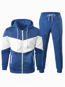Survêtement unisexe bleu et blanc à blocs de couleur, sweat à capuche zippé à manches longues et pantalon à cordon de serrage, tenue décontractée pour l'automne - Product Image 1