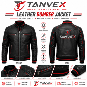 TANVEX <b>Racer</b> Pro Men's Winter Leather Jacket Black Red White Stand Collar Eco-Friendly Customized Fabric Moto Biker Style Zipper - Product Image 3