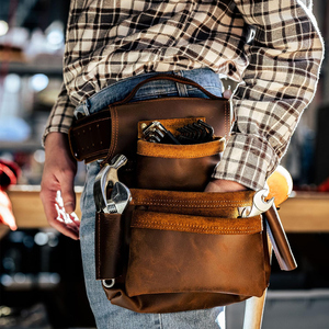 Brown Leather <b>Tool</b> <b>Belt</b> With Multiple Pockets And Adjustable Strap For Workshop Use - Product Image 5