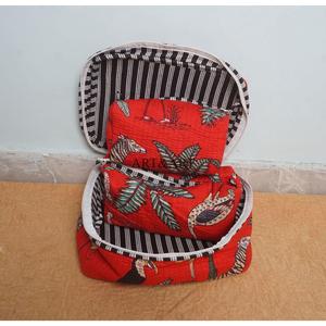 Red beautiful 3-Piece Large Capacity Hand Block Printed Cotton Vanity Set Zipper Washable Bag Durable Reusable Travel for Bags - Product Image 4