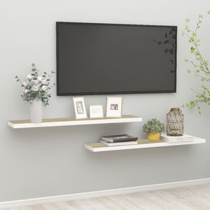 Ensemble de 2 étagères murales et de présentoirs en chêne et MDF nid d'abeille blanc, étagère murale élégante en métal - Product Image 1