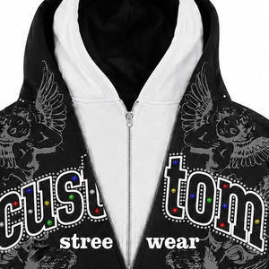 Sudadera con Capucha Personalizada de Algodón 100% Lavado Estilo Vintage, Sudadera con Cremallera y Bordado Digital de Moda, Detalle de Pedrería, Ropa Urbana Ecológica - Product Image 3