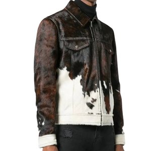 Veste en cuir de vachette véritable pour homme, à logo personnalisé, très vendue, col rabattu, fermeture éclair, imprimé animal, vêtement décontracté d'hiver - Product Image 3