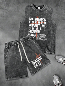 Letter Print Graphic Design <b>Black</b> Color Vintage Washed Sleeveless <b>Tank</b> <b>Top</b> And Shorts Set Summer Outdoor Streetwear Outfit - Product Image 1
