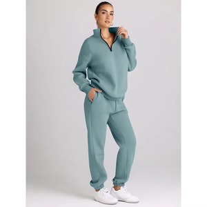 Conjunto Deportivo Azul Claro para Mujer, Sudadera con Cierre de Media Cremallera, Pantalones Largos, Corte Holgado, Color Sólido, Ropa Casual de Otoño - Product Image 4