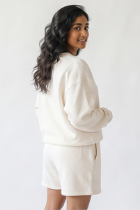 Ensemble short et haut décontracté pour femme, 100% coton molletonné, coupe oversize ample, col rond, taille mi-haute avec cordon de serrage - Product Image 6
