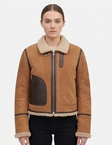 Wholesale <b>Women</b> <b>Tweed</b> Sheep Skin B3 Bomber <b>Jacket</b> Regular Windproof Eco-Friendly Custom Contrast Trim Detachable Collar Winter - Product Image 1