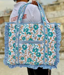 Elegante Bolso Tote Acolchado de Algodón para Mujer con Estampado de Bloques y Cremallera para Viajes y Uso Diario - Product Image 3