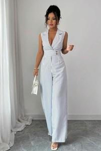 Combinaison à rayures sans manches pour femmes, à jambes larges, avec col à revers - Product Image 4