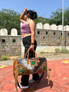 New Real Handmade Vintage Style <b>Tooled</b> Cowhide Fur <b>Leather</b> Duffel Bags Western Unisex Cowhide <b>Leather</b> Fringe Large Travel Bags - Product Image 2