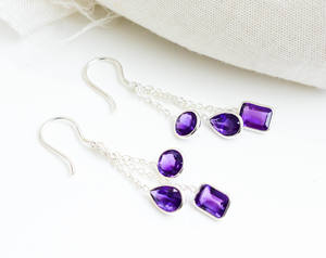 Boucles d'oreilles pendantes triple goutte en améthyste, pierre précieuse naturelle, argent sterling 925 - Product Image 1
