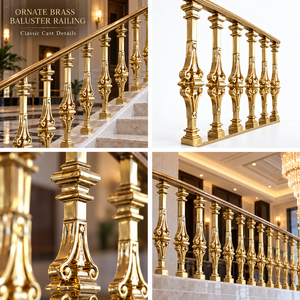 Rampe d'escalier dorée de style régale avec meneaux sculptés en fonte, colliers superposés et balustrade classique - Product Image 5
