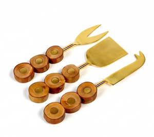 Elegante juego de cuchillos para queso y mantequilla de acero inoxidable dorado con mangos redondos de madera, cubiertos perfectos para uso doméstico y en la cocina. - Product Image 5