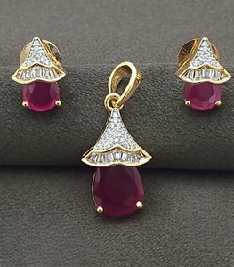 Fashionable Premium Quality Gold Zircon Strand Finish Designer Pendant Necklace Set Earrings Wedding Party Wear Collection - Product Image 1
