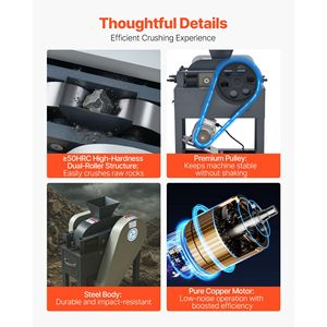Trituratore Industriale 220V a Doppio Rullo, Frantoio per Roccia 2.56x0.59 Pollici, Macinatore di Pietre con Doppi Ingressi di Alimentazione, Motore da 1740 RPM - Product Image 6