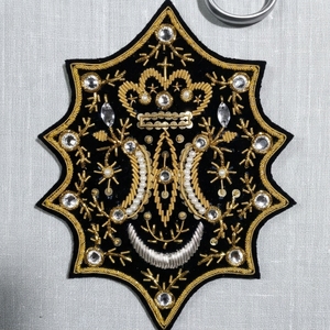 Handmade Gold Bullion Wire Embroidered Patch Crown Moon Bead Velvet - Product Image 1